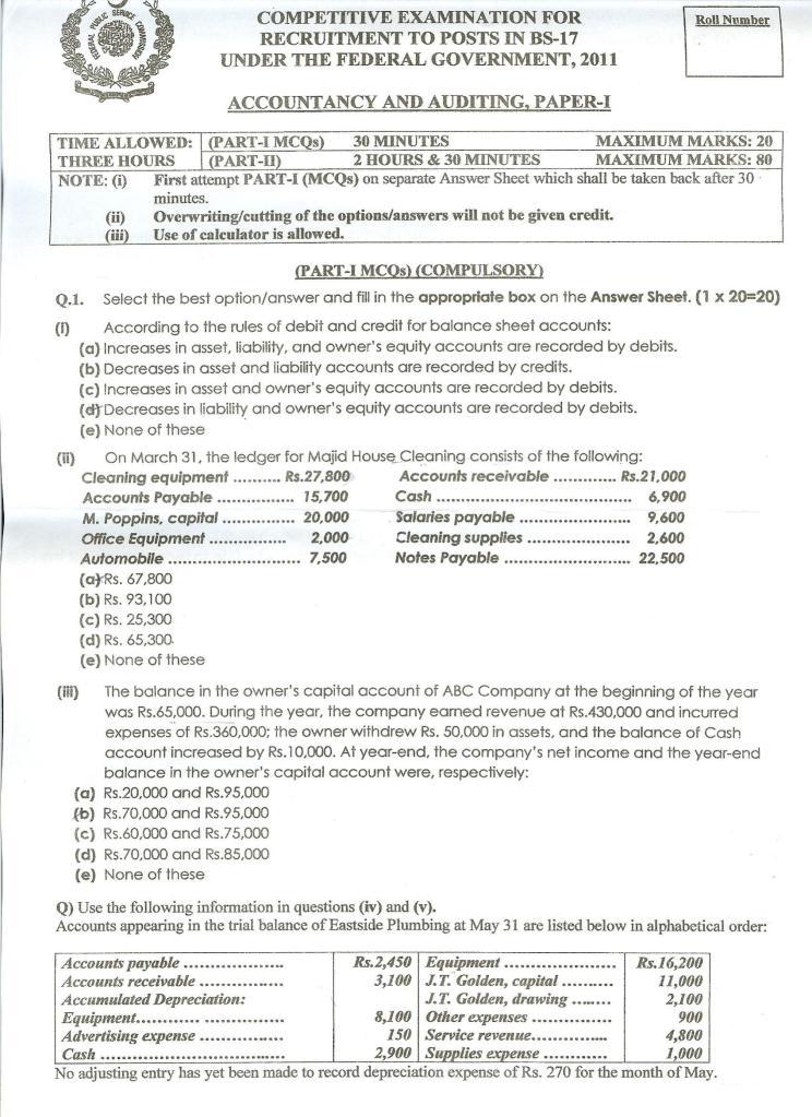 CSS Accountancy And Auditing Past Paper 2011  CSS Past 