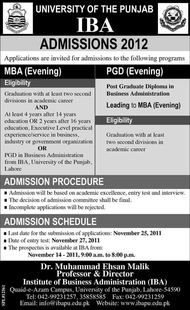 IBA Punjab University Lahore Admission 2015 MBA Evening