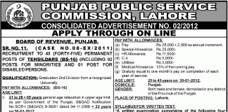 PPSC Board of Revenue Punjab Tehsildars Jobs 2012