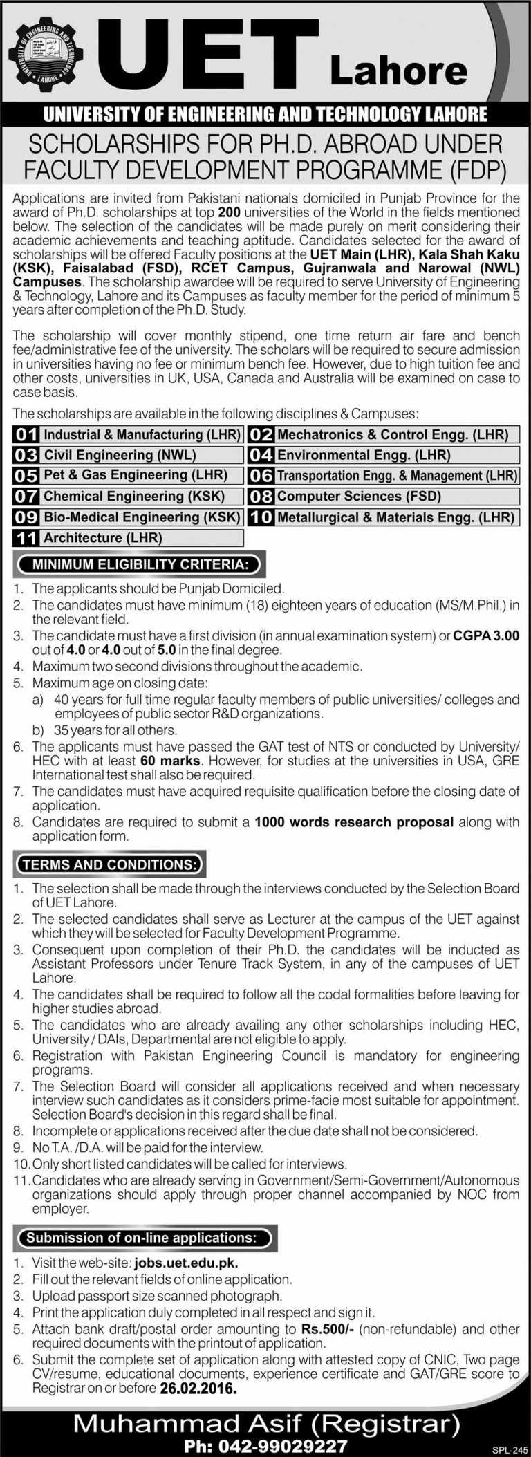 UET Lahore Scholarships For PH.D Abroad Under Faculty Development Program 2017
