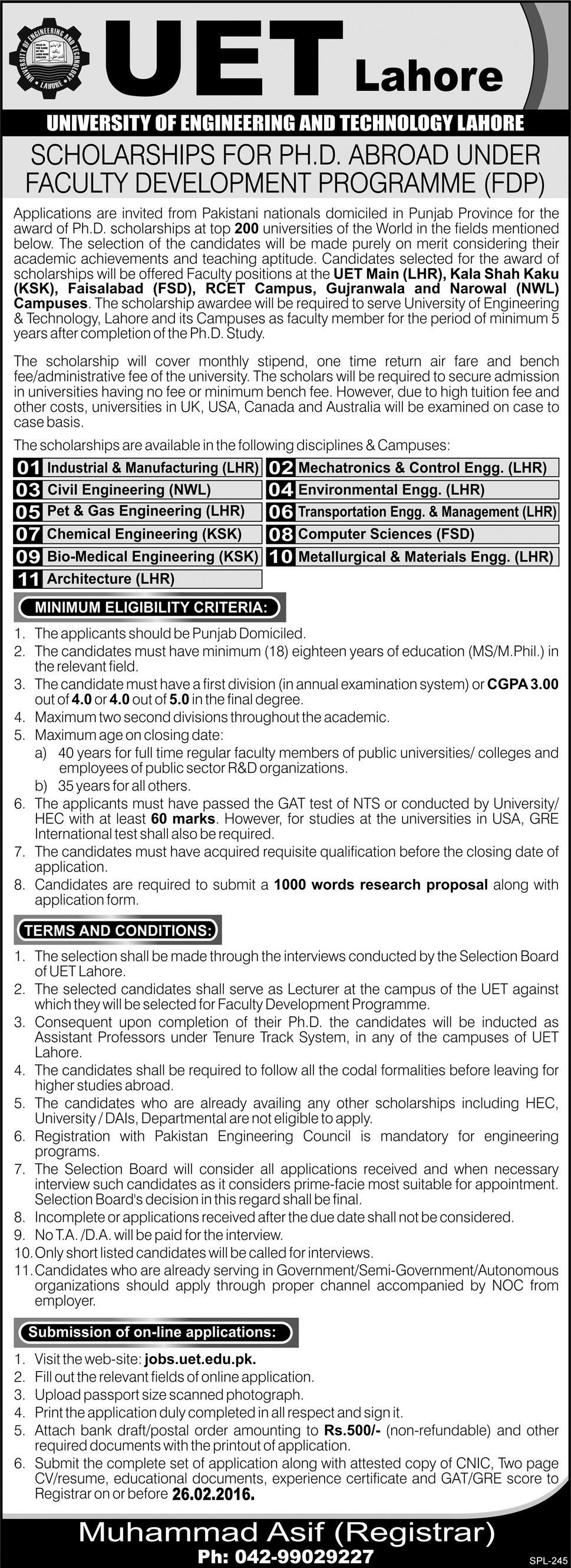 UET Lahore Scholarships For PH.D Abroad Under Faculty Development Program 2017
