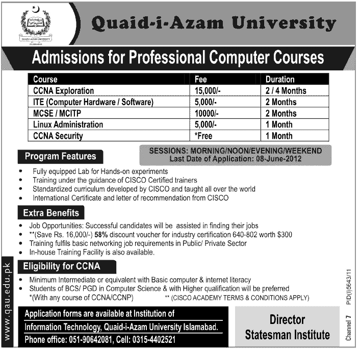 Quaid-i-Azam University Islamabad Offer Professional 