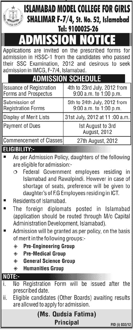 Islamabad Model College for Girls Admissions Open