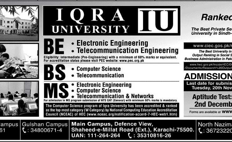 Iqra University Karachi Admission 2012