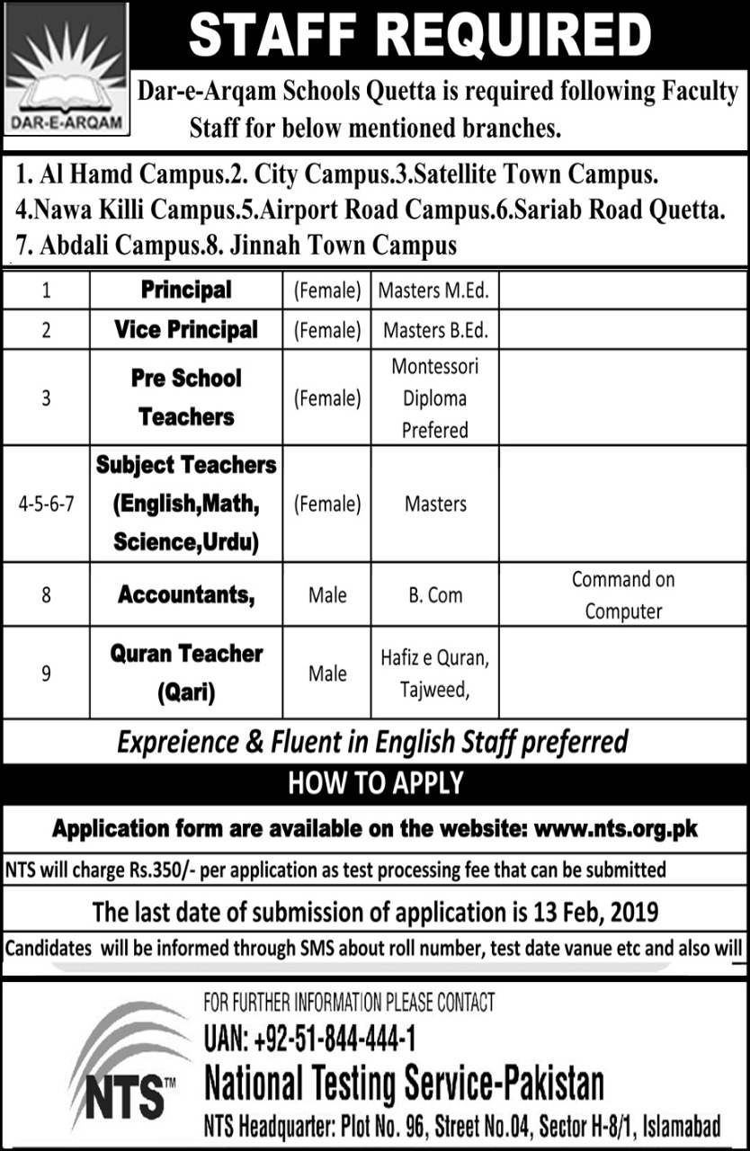 Dar E Arqam School Jobs 2019 Application Form Advertisement