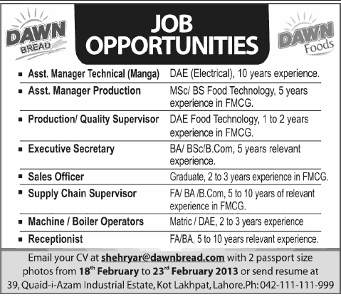 Dawn Bread Jobs in Lahore 2025