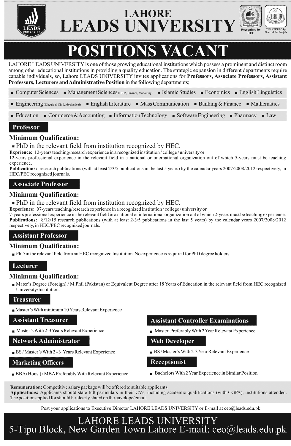 Lahore Leads University Jobs 2013 For Professors, Associate and