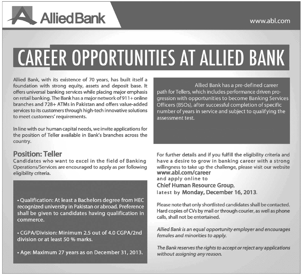 Allied Bank ABL Teller Job Opportunity 2014