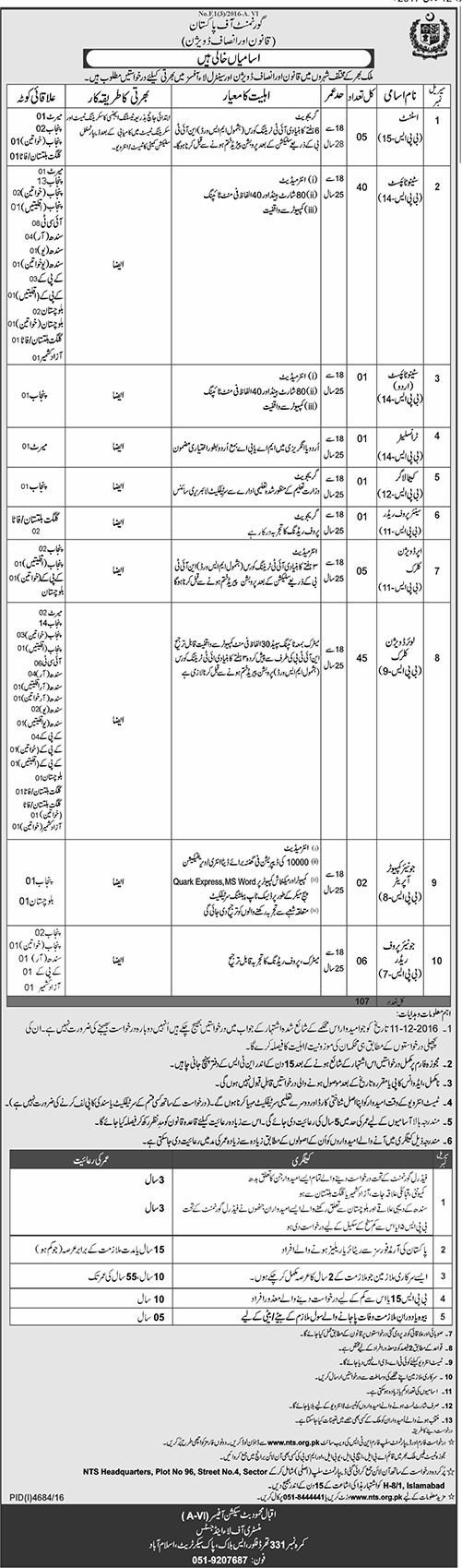 Ministry of Law and Justice Division Islamabad Jobs 2017 NTS Application Form