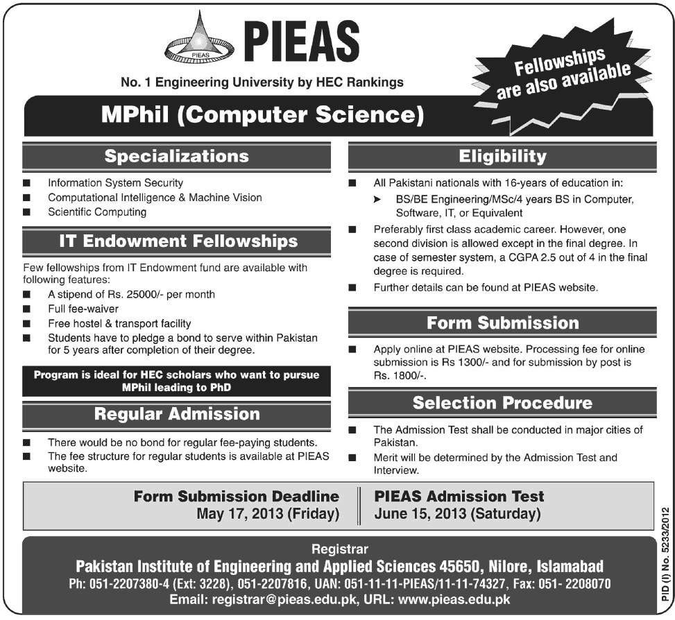 PIEAS MPhil Fellowship 2013 Form, Result and Advertisement