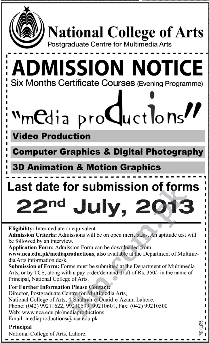 Admission in Media Production in Nation College of Arts NCA Lahore
