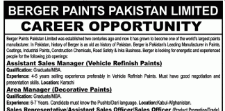 Berger Paints Pakistan Limited Career Jobs 2013