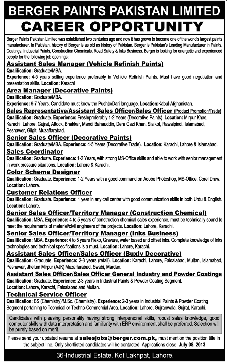 Berger Paints Pakistan Limited Career Jobs 2025