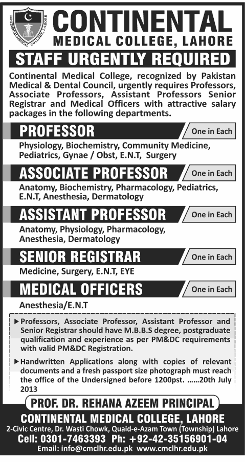 Continental Medical College Lahore Jobs, Professor, Associate Professor 