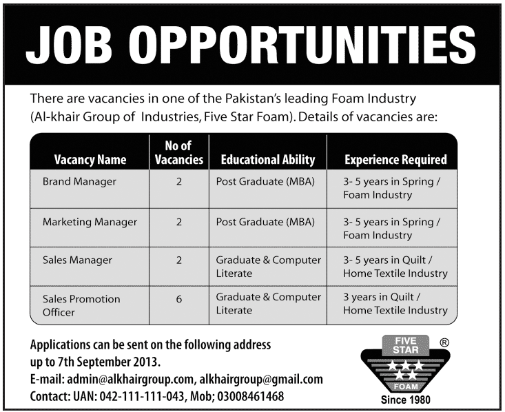 AlKhair Group Five Star Foam Jobs 2023
