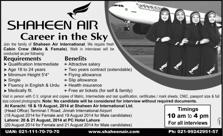 Shaheen Airline Air Hostess Jobs 2016