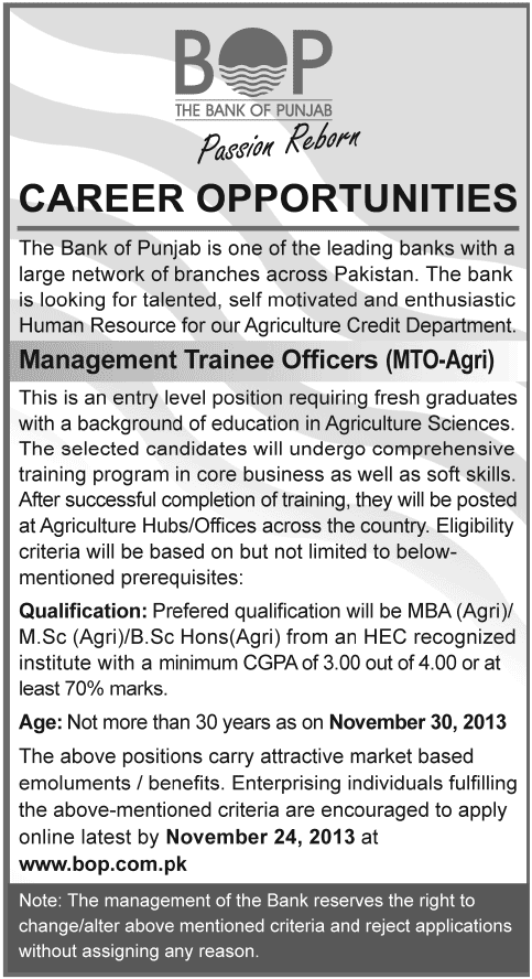 Bank of Punjab BOP MTO Agri Jobs 2013