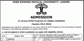 King Edward Medical University Lahore M.Phil Admissions 2017