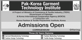 Pak Korea Garment Technology Institute Admissions 2013