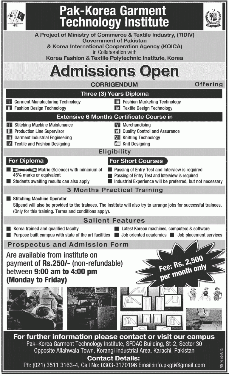 Pak Korea Garment Technology Institute Admissions 2014