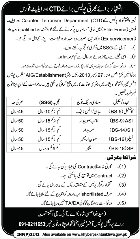 KPK CTD and Elite Force ASI, Inspector, SP, Constable Jobs 2013