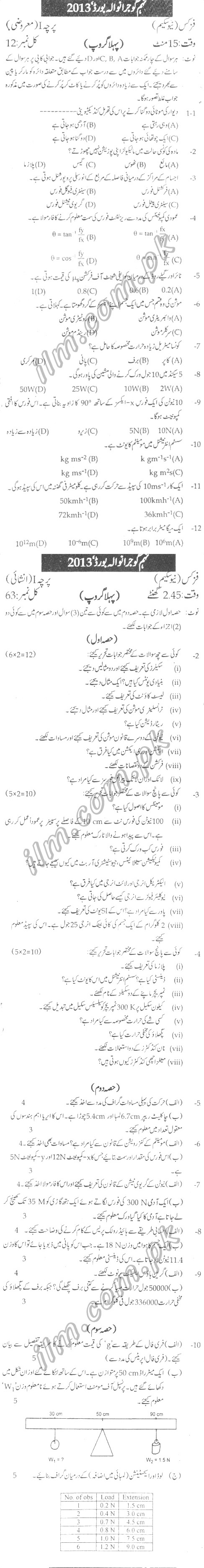 Gujranwala Board 9th Class Physics Past Papers 2013