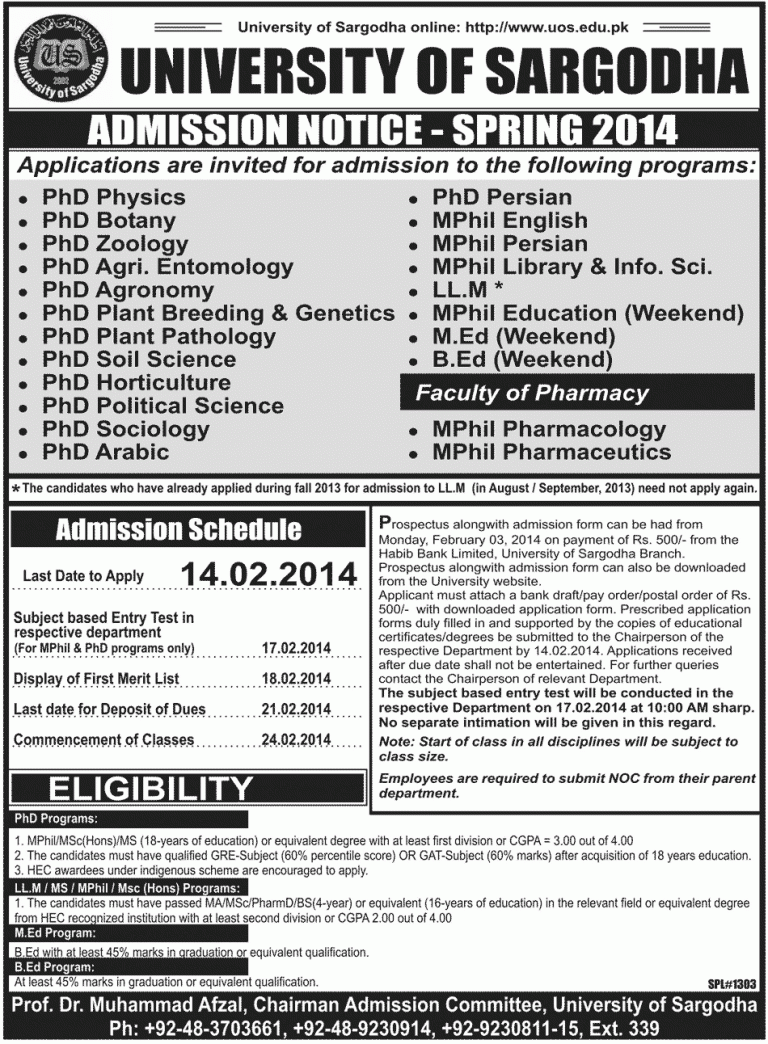 University of Sargodha M.Phil, PhD Admission 2017 Entry Test, Merit List