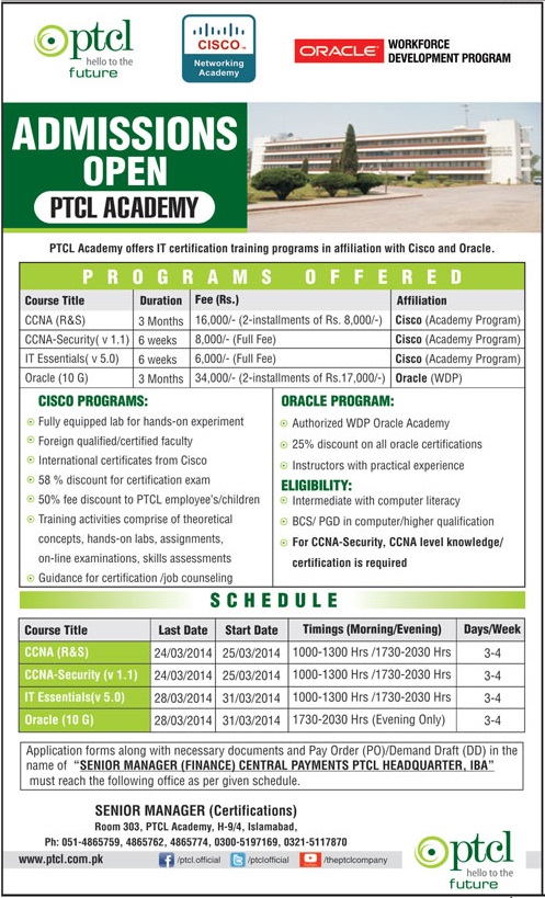 PTCL Academy IT Certification CCNA, CISCO, Oracle Admission 2014