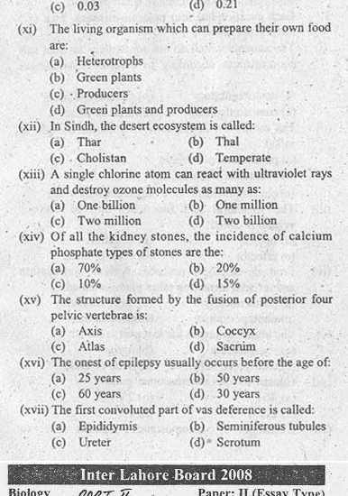 Lahore Board Inter Part 2 Biology Past Papers 2008