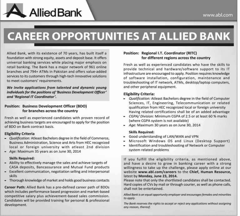 Allied Bank Business Development Officer, Regional IT Coordinators Jobs 2014