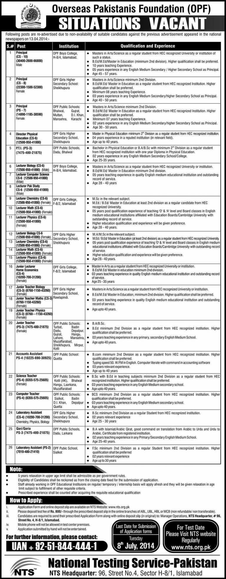 OPF Overseas Pakistani Foundation NTS Jobs 2014 Application Form Download