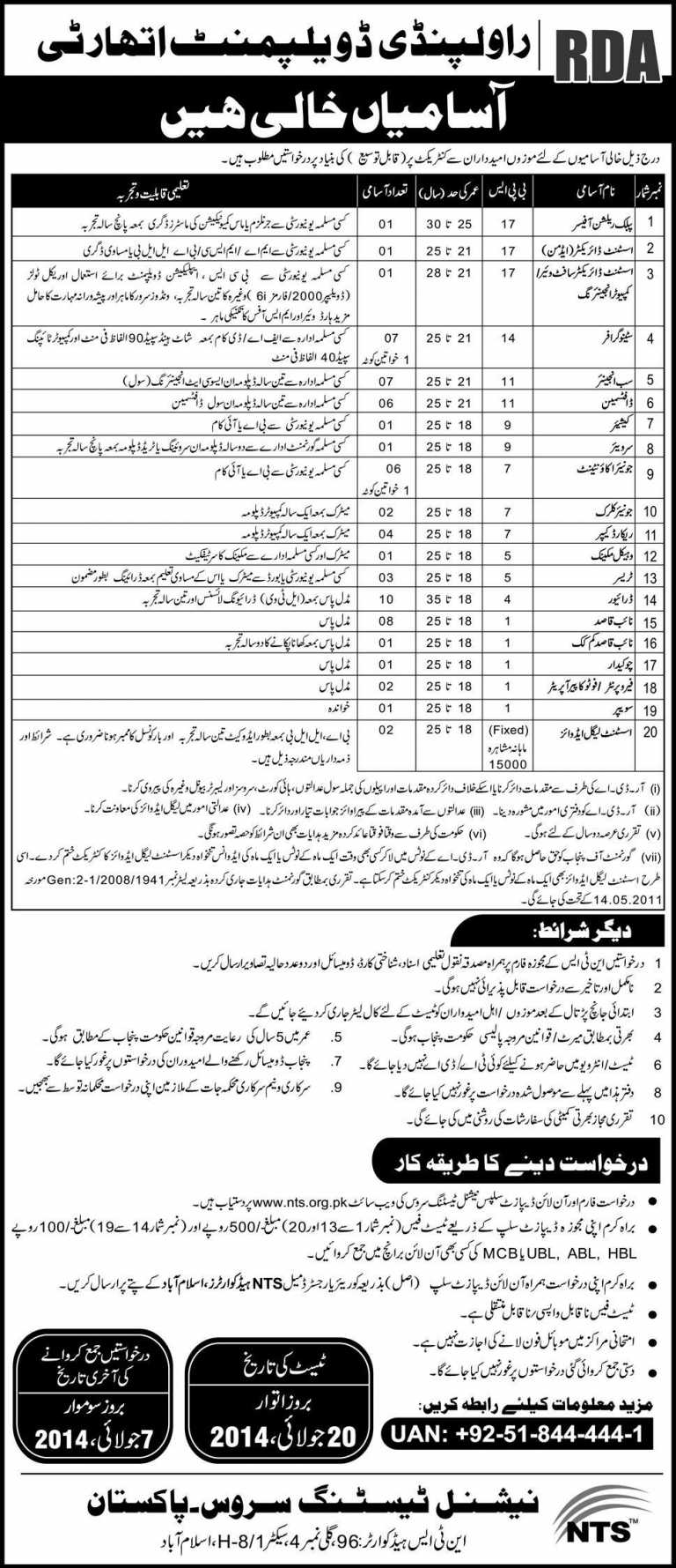 Rawalpindi Development Authority RDA Jobs 2014 NTS Form Download