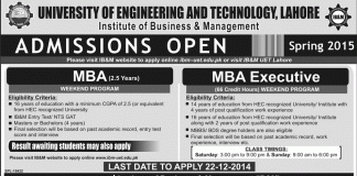 UET Lahore IBM MBA And EMBA Spring Admission 2015