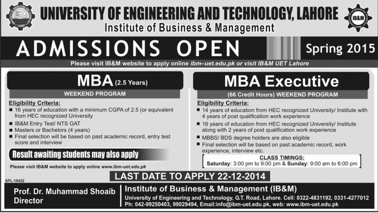 UET Lahore IBM MBA And EMBA Spring Admission 2025