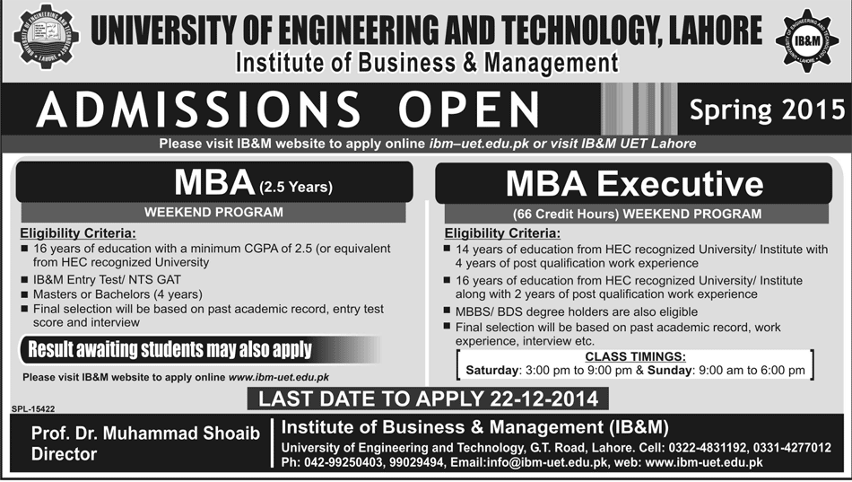 UET Lahore IBM MBA And EMBA Spring Admission 2015