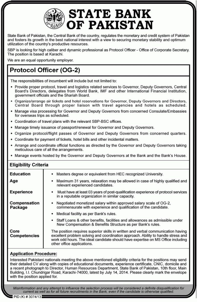 State Bank SBP Protocol Officer OG-2 Jobs 2014 Eligibility, Application