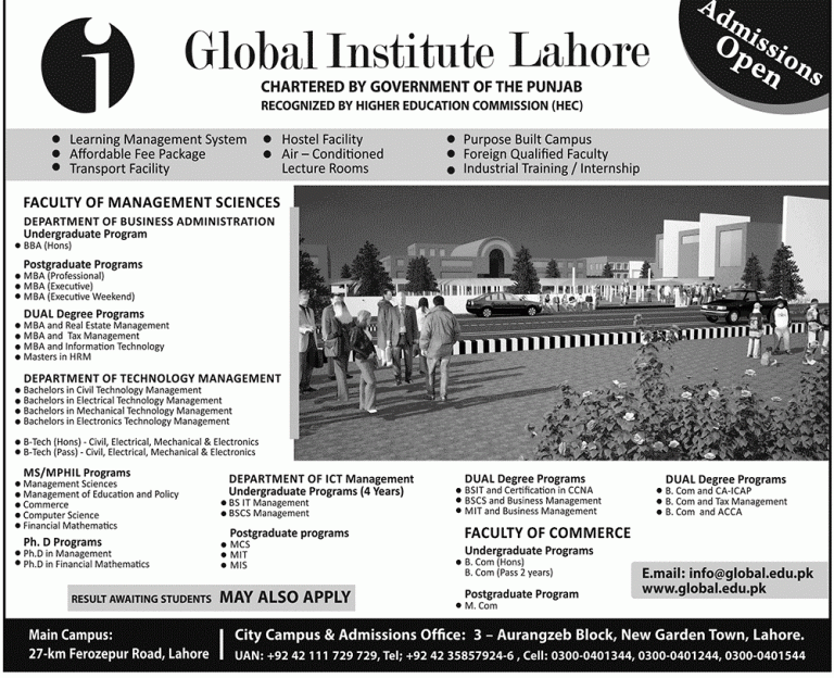 Global Institute Lahore Admissions 2025 Form, Eligibility Procedure