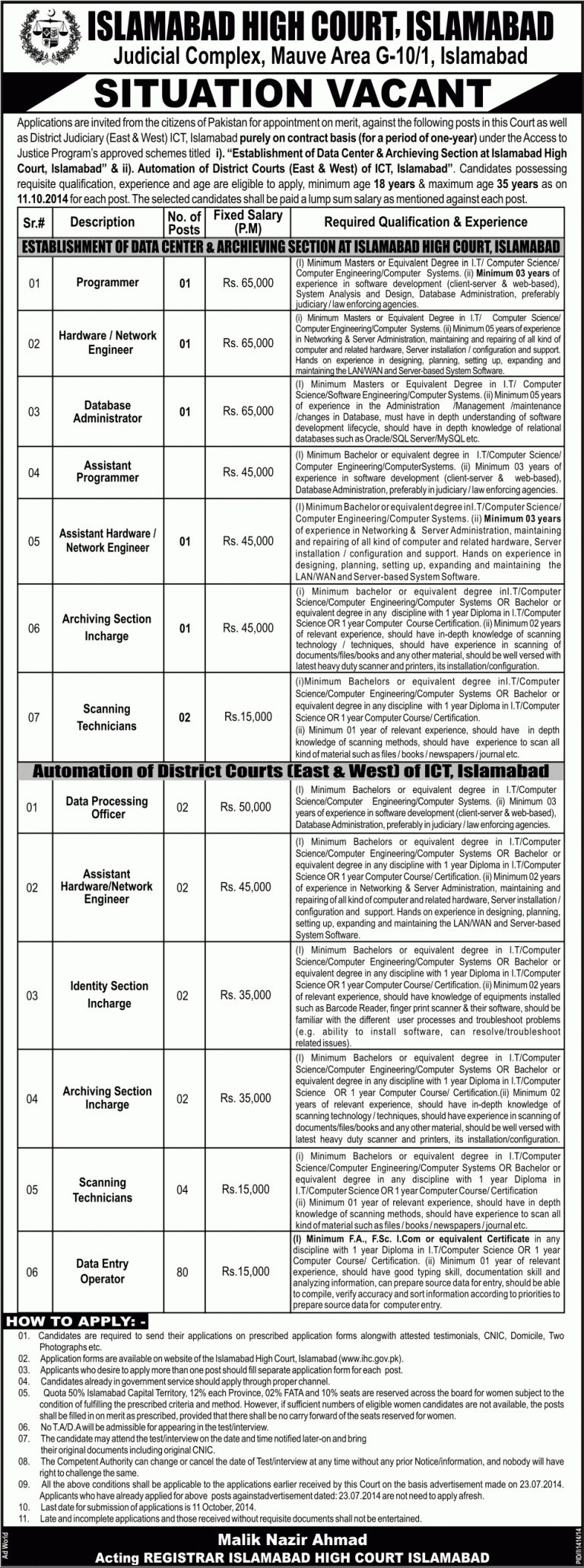 Islamabad High Court Jobs 2014 Application Form, Last Date IT, Computer Sciences