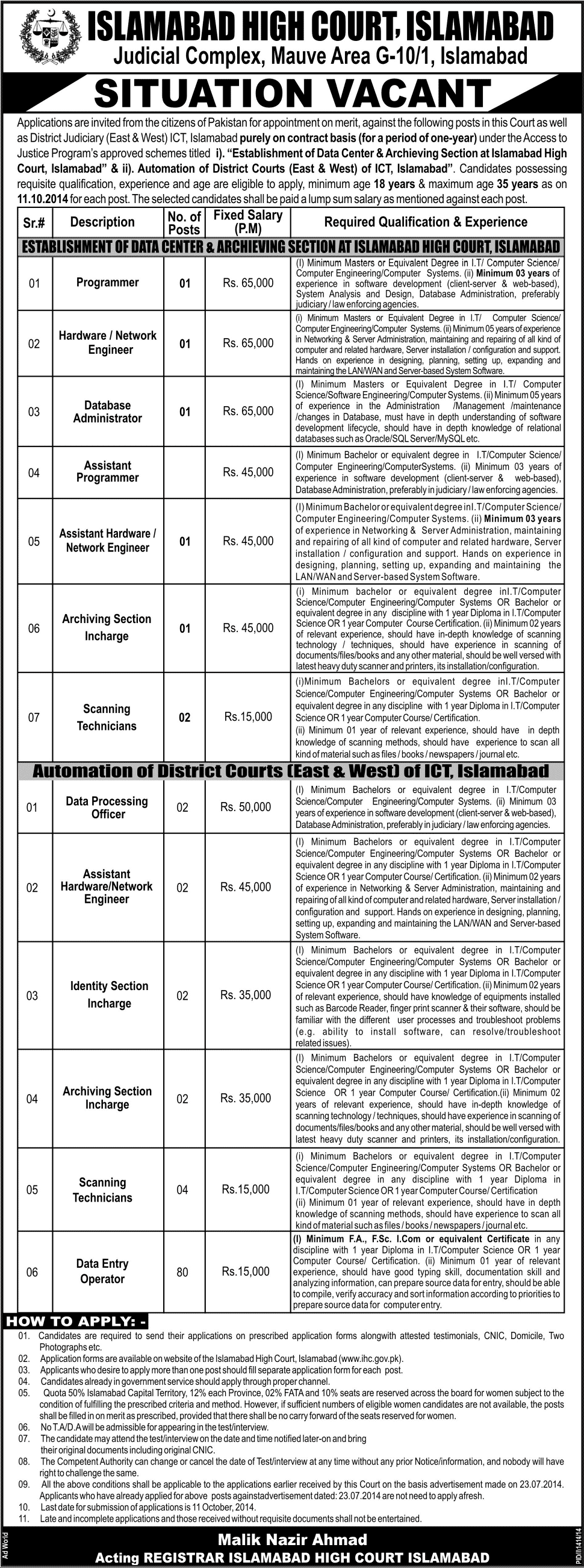 Islamabad High Court Jobs 2014 Application Form, Last Date IT, Computer Sciences