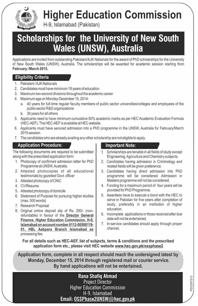 HEC Scholarships For PhD In Australia 2017 Procedure, Criteria, Last Date
