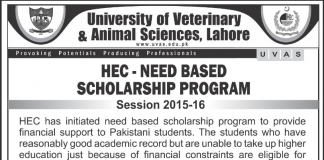 UVAS HEC Need Based Scholarship Program 2016-2017 Form Download