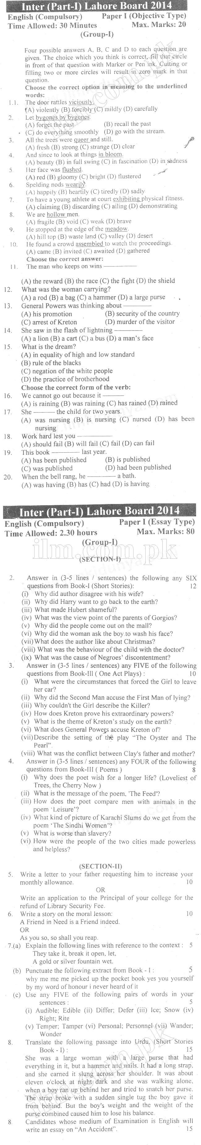 Lahore Board Inter Part 1 English Past Paper 2014