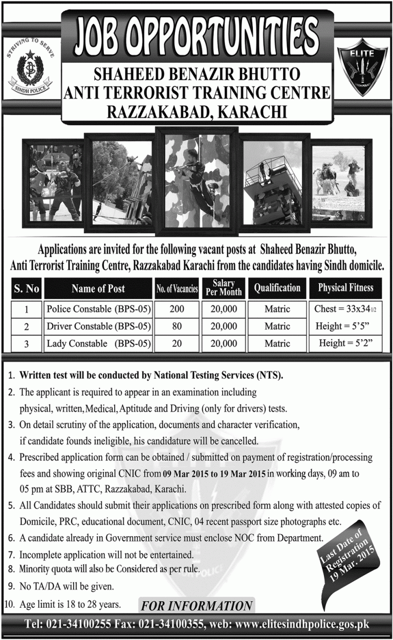 Anti Terrorism Training Centre Razzakabad Sindh Police Constable Jobs 2015