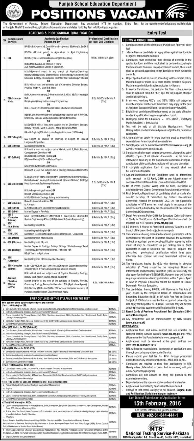 Punjab Educators Jobs 2016 for District Gujrat Interview Dates