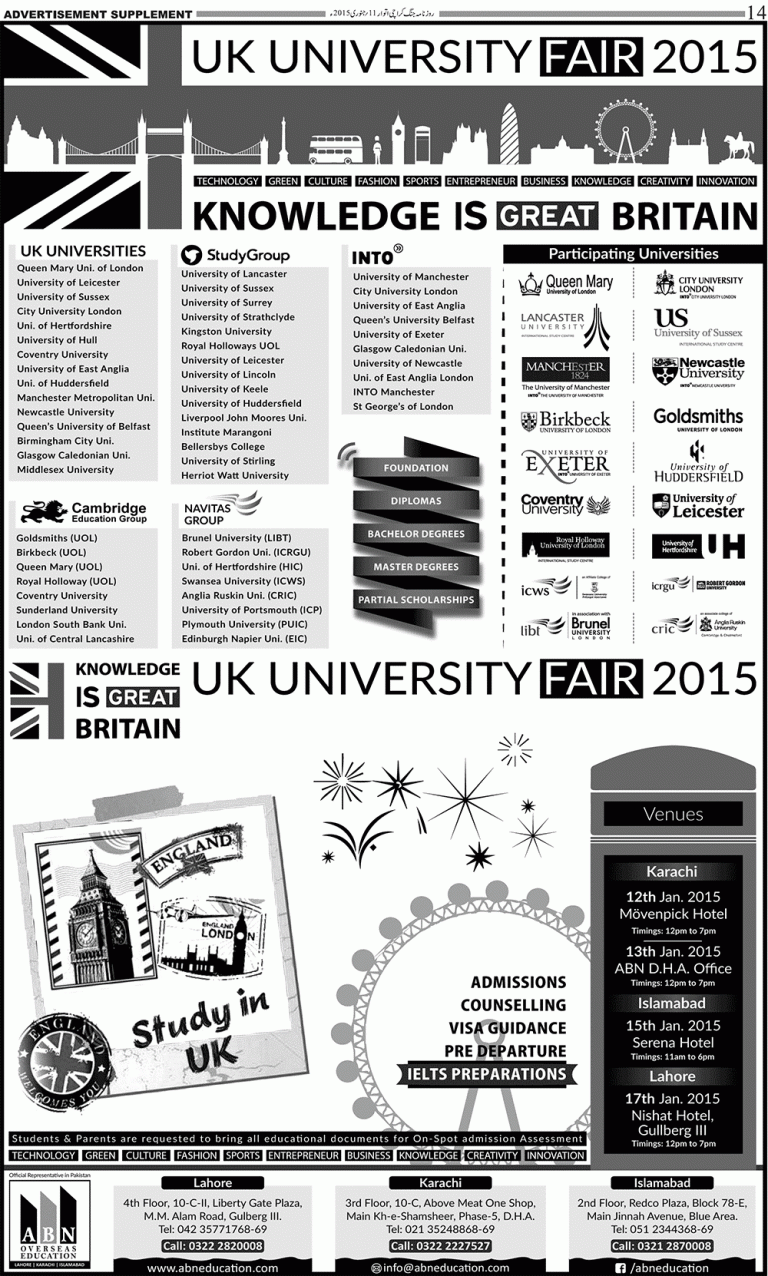 UK University Fair 2015 Karachi, Islamabad, Lahore Dates Venue