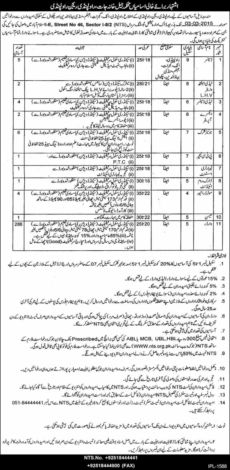 Punjab Jail Department Rawalpindi Jobs 2015 NTS Form Download Last Date
