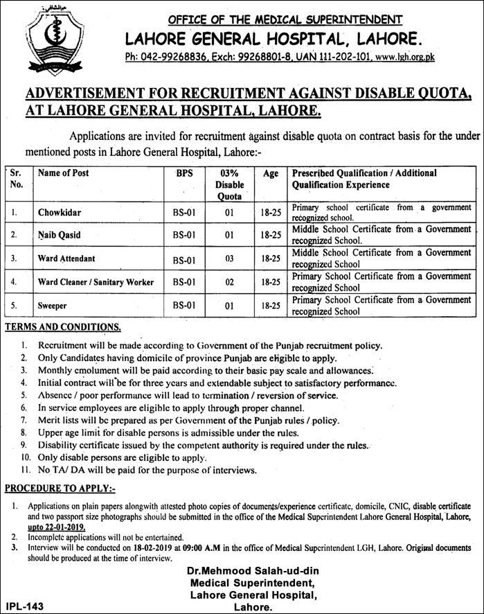 General Hospital Lahore Jobs 2019 Application Form Interview Date