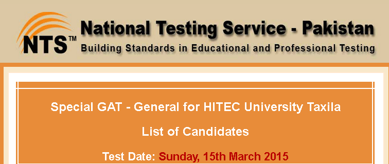 HITEC University Taxila NTS GAT General Test Result 2015 Answer Keys 7th June