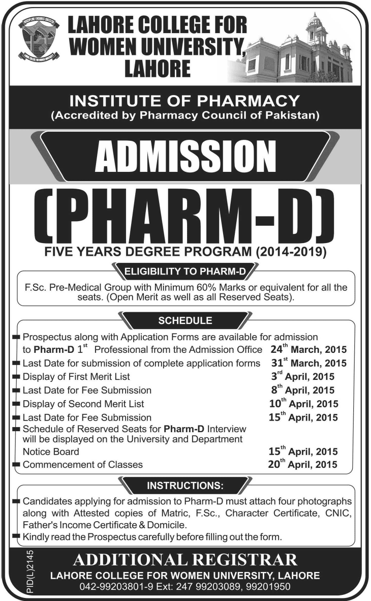 Lahore College LCWU Pharm D Admission 2017 Form, Last Date