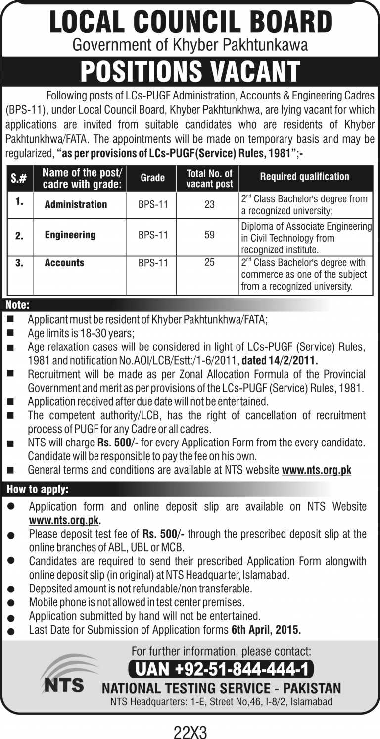 Local Council Board KPK Jobs 2015 NTS Application Form Last Date